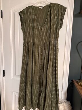 Madewell Olive Green Polka Dot Button-Front Midi Dress